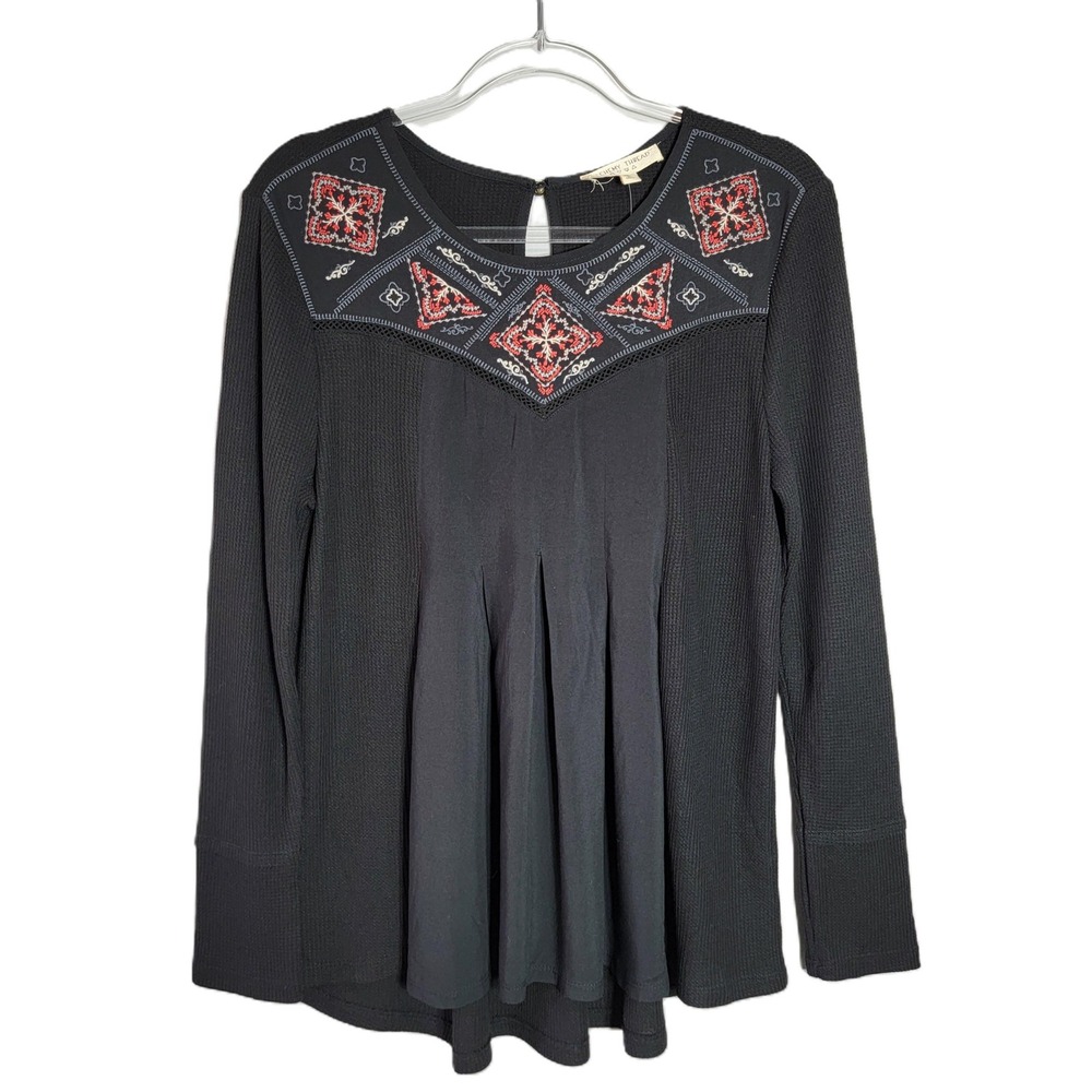Alchemy Thread Womens Black Waffle Knit Embroidered Peasant Tunic Top M NWT